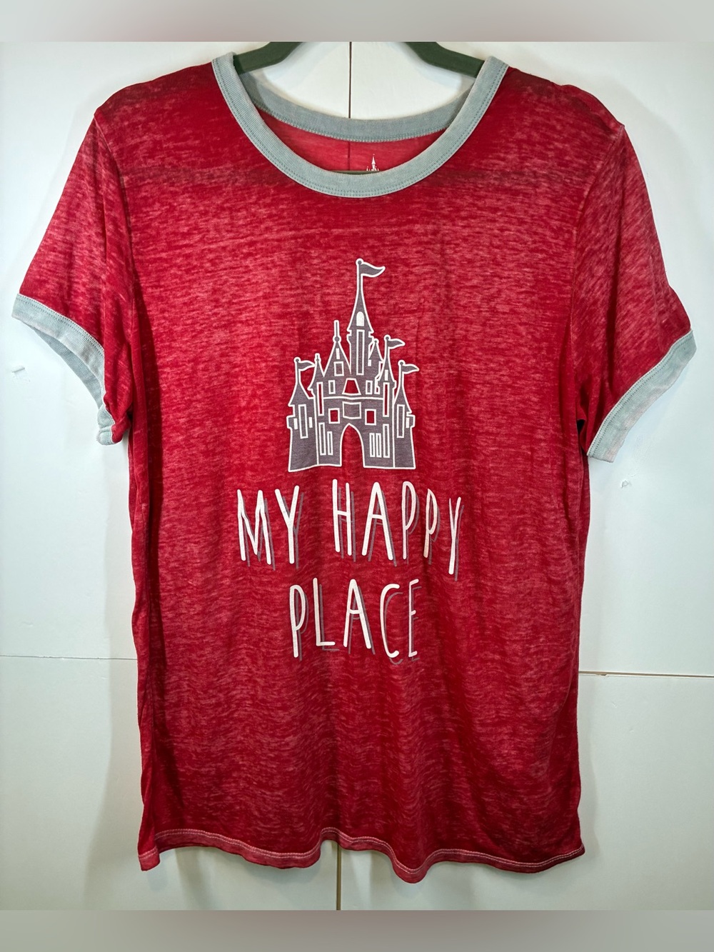 Disney Parks My Happy Place Burnout Ringer Tee Red Gray Graphic T-Shirt Large